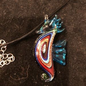 Beautiful purple glass drop dangle earrings and seahorse neck pendant.